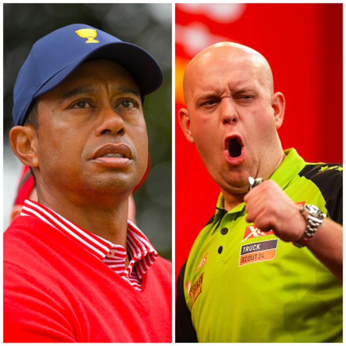 Tiger Woods og Michael Van Gerwen eru í eldlínunni í dag.