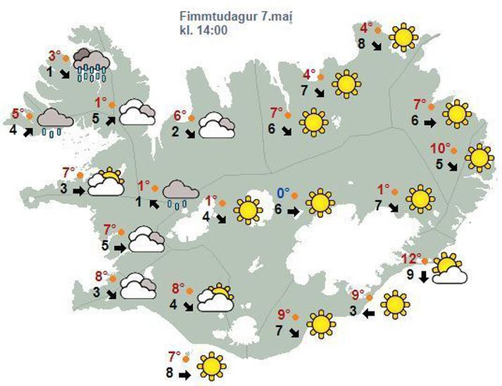 Eins og sjá má á spákortinu má búast við bjartviðri austanlands.