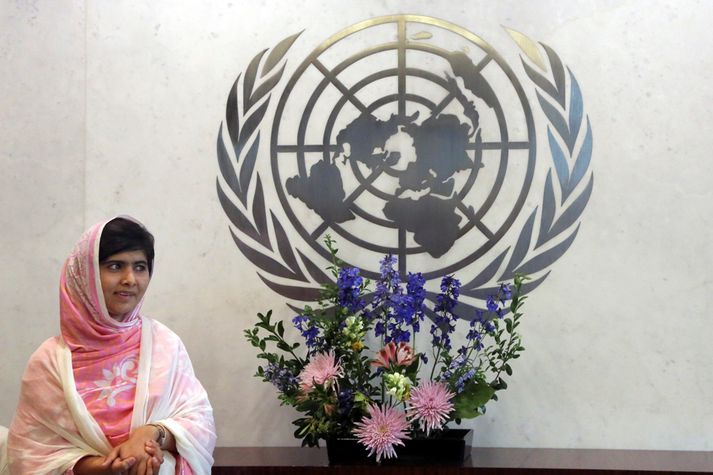 Malala Júsúfsaí þegar hún ávarpaði Sameinuðu þjóðirnar nýverið.
