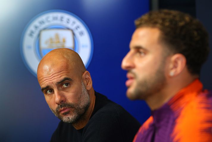 Guardiola og Walker á blaðamannafundi.