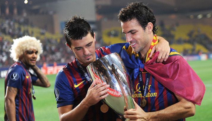 David Villa, Cesc Fabregas og Daniel Alves fagna sigrinum í Ofurbikarnum.