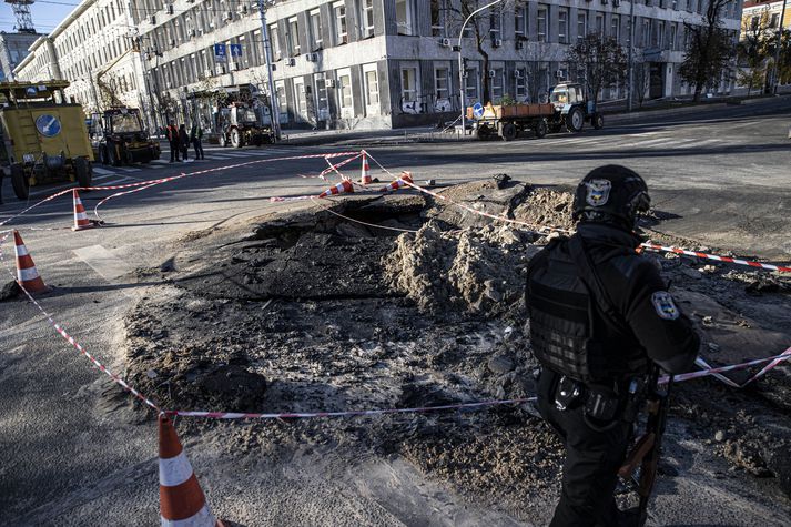 Mikil eyðilegging er í Kyiv höfuðborg Úkraínu eftir árásir Rússa í dag.