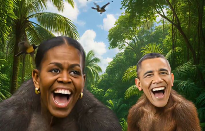 Bandaríkjaforseti deildi í gærkvöldi myndbandi þar sem Barack Obama, fyrrverandi forseta, og Michelle eiginkonu hans var líkt við apa. Þetta er skjáskot úr upprunalega myndbandinu. 