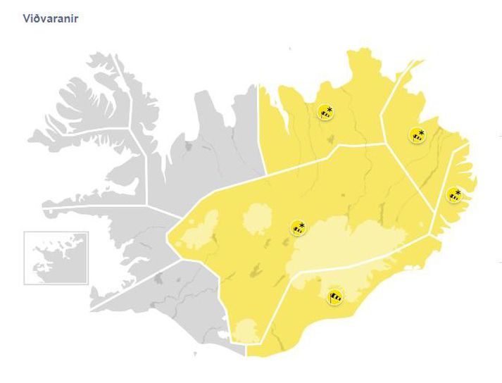 Gular viðvaranir hafa verið gefnar út fyrir allt austanvert landið.