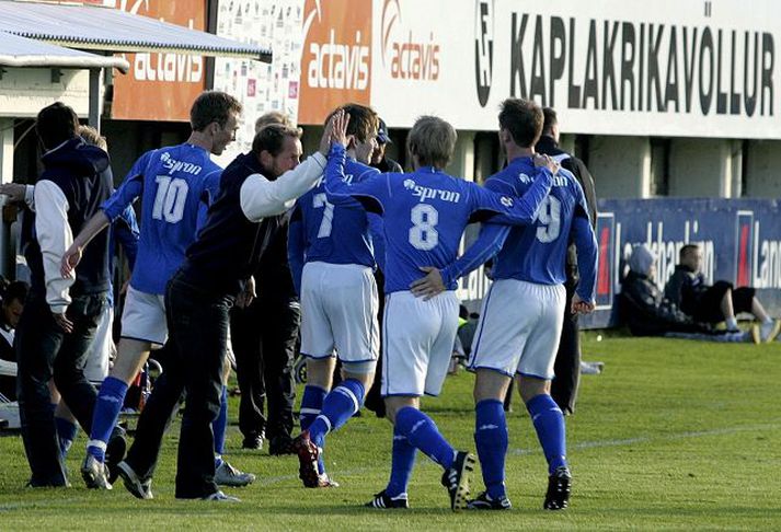 Það hafa komið tólf mörk í síðustu tveimur leikjum Fram í beinni á Sýn. Hér fagna þeir marki Hjálmars Þórarinssonar gegn FH í fyrrakvöld.
