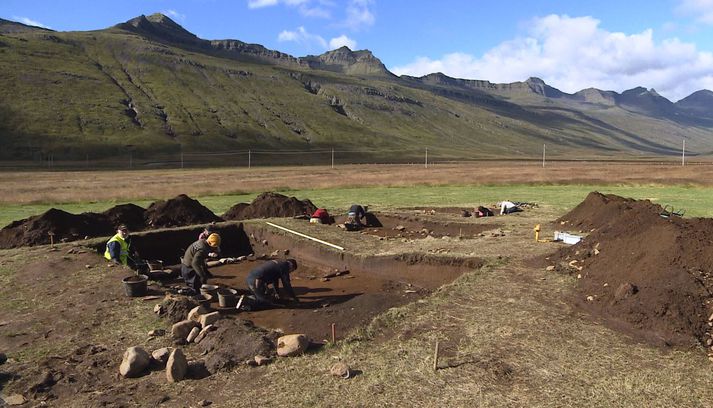 Fornleifafræðingar rannsaka tóftirnar, sem fundust í túni við bæinn Stöð í Stöðvarfirði.