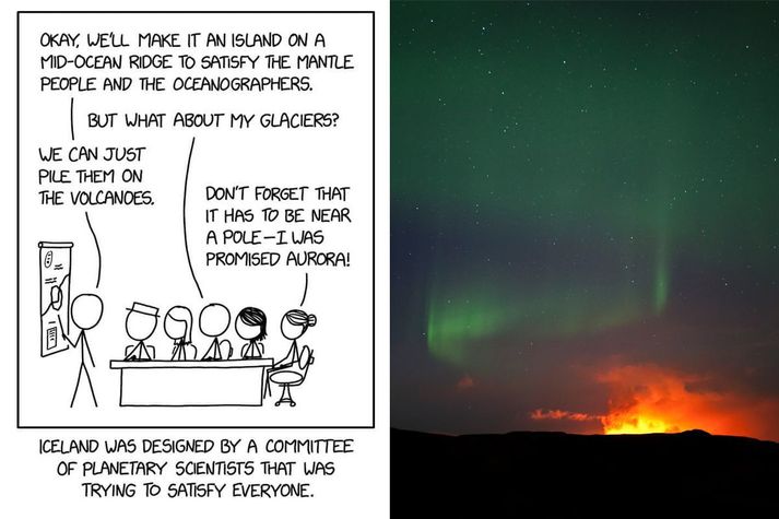 Íslandsmyndasaga xkcd og norðurljós yfir gosinu í Fimmvörðuhálsi 2010.