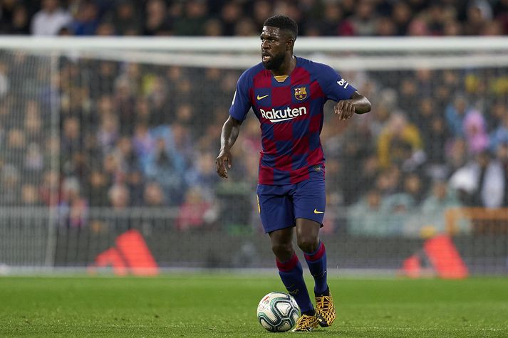 Samuel Umtiti er meiddur og var ekki í návígi við samherja sína í Barcelona.