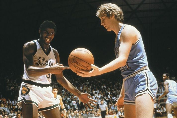 Larry Bird hjá Indiana State og Magic Johnson hjá Michigan State í úrslitaleik bandaríska háskólakörfuboltans 26. mars 1979.