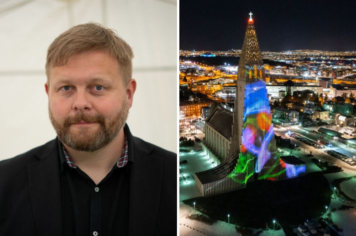 Guðmundur segir ljóslistaverkin verða sérlega vegleg í ár. Til hægri má sjá Hallgrímskirkju á vetrarhátíðinni 2022. 