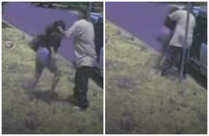 Maðurinn sést grípa í hár konunnar og draga hana inn í bíl.