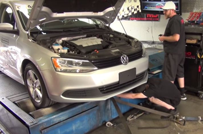 Volkswagen Jetta á DYNO mæli með öll 4 hjólin rúllandi.