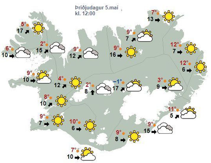 Spákortið fyrir hádegið í dag.