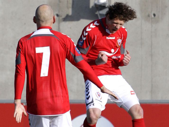 Matthías Guðmundsson fagnar marki sínu.