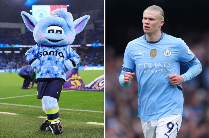 Erling Haaland á að hafa slegið lukkudýr Manchester City, Moonbeam, í hausinn.