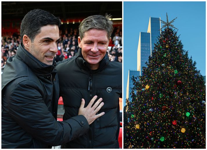 Mikel Arteta, stjóri Arsenal, með Oliver Glasner, stjóra Nottingham Forest fyrir leik liðanna um helgina.