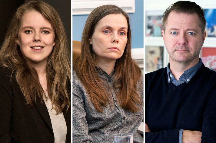 Ólöf Skaftadóttir, einn ritstjóra Fréttablaðsins, Katrín Jakobsdóttir forsætisráðherra og Skarphéðinn Guðmundsson, dagskrárstjóri sjónvarps hjá RÚV.