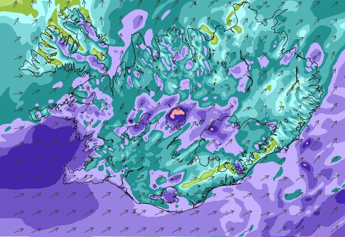 Vindaspá Veðurstofunnar fyrir klukkan 18 í kvöld.