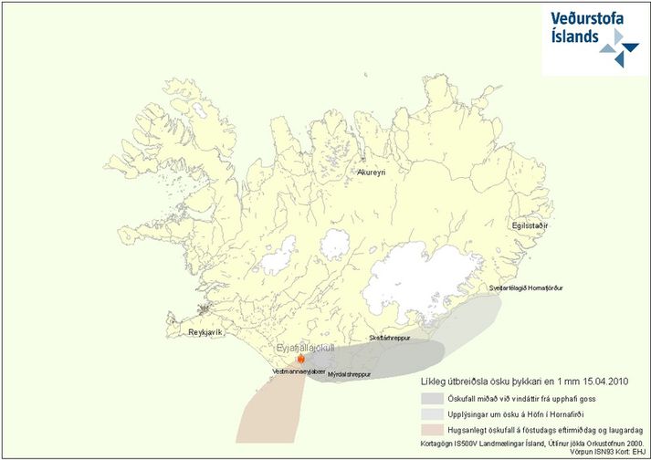 Kortið sýnir spá Veðurstofu Íslands um hugsanlegt öskufall. Mynd / Veðurstofa Íslands
