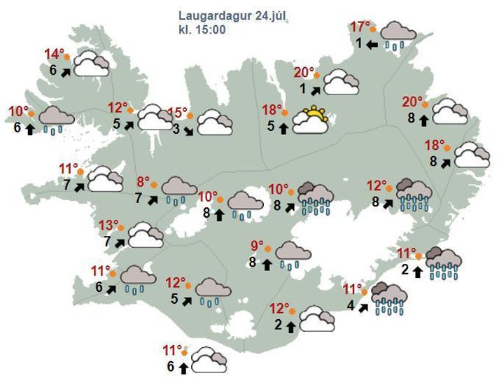 Seinni partinn gæti glytt í sól norðan heiða þar sem hitinn verður í kringum tuttugu stigin. Víða annars staðar gæti verið vissara að hafa regnfötin við höndina.