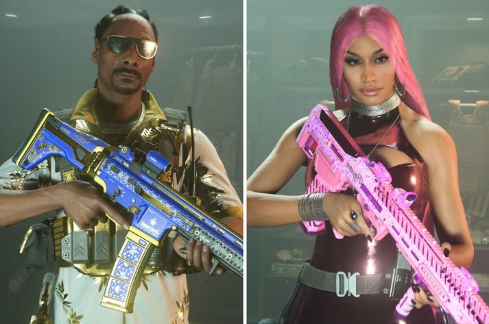 Rappararnir eru ansi vígalegir þegar þau munda marglitar byssur sínar í Call of Duty. Minaj er ansi bleik á meðan Snoop Dogg er kyrfilega merktur maríjúanalaufinu,