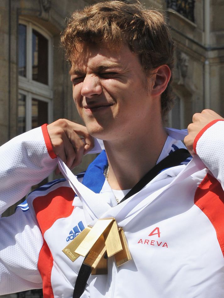 Christophe Lemaitre með gullin sem hann vann í Barcelona.