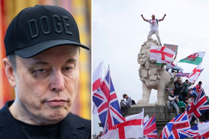 Elon Musk (t.v.) ávarpaði tugi þúsunda mótmælenda á útifundi í London um helgina. Þar sagði hann fólki meðal annars að búa sig undir að deyja eða berjast.