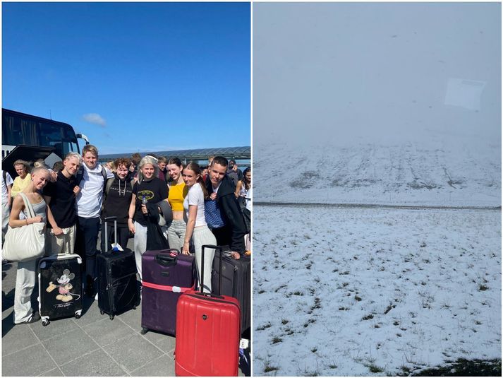 Ljósmyndin til vinstri er af hluta hópsins við Keflavíkurflugvöll en hin frá Öxnadalnum úr rútuferð hópsins.