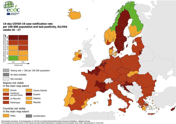 Einu grænu svæðin á korti Sóttvarnastofnunar er nú að finna í norðurhluta Noregs og Finnlandi.