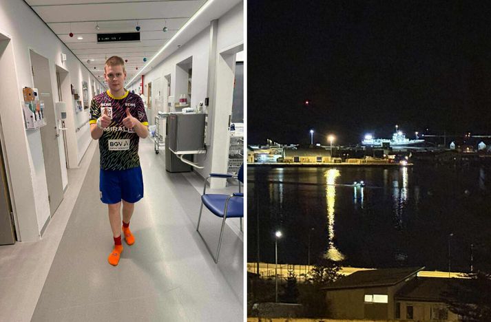 Gunnar Ingi í endurhæfingu á Grensás. Á myndinni til hægri má sjá björgunarbátinn í firðinum kvöldið sem Gunnar Ingi lenti í slysinu. 