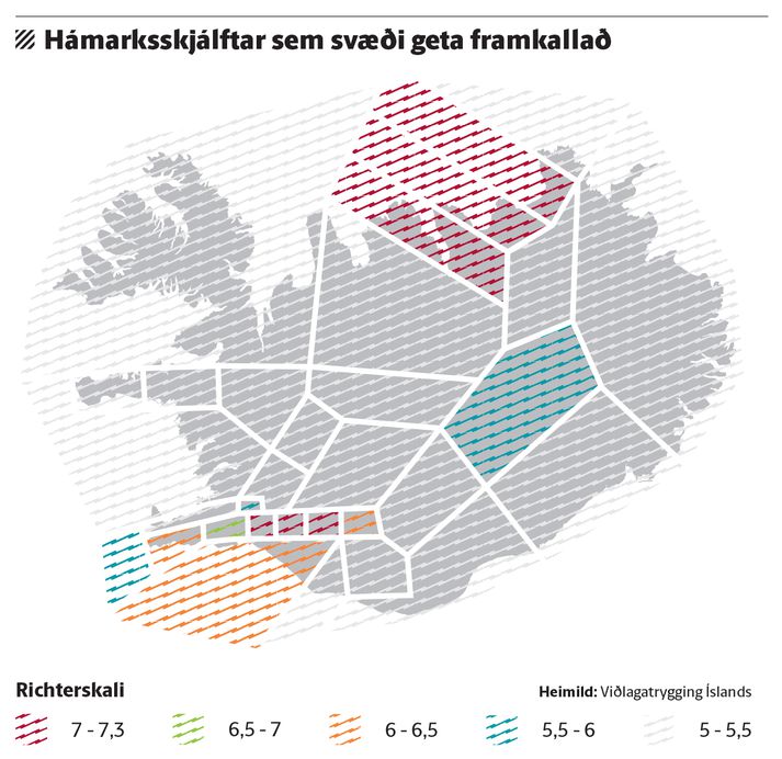 Hámarksstyrkleiki jarðskjálfta er misjafn eftir svæðum.