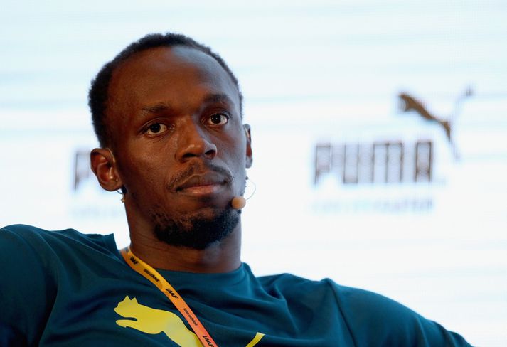 Usain Bolt á blaðamannafundinum.