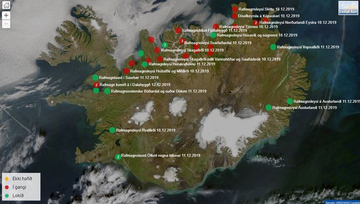 Staða truflana eins og hún leit út á heimasíðu RARIK klukkan 7:10 í morgun.