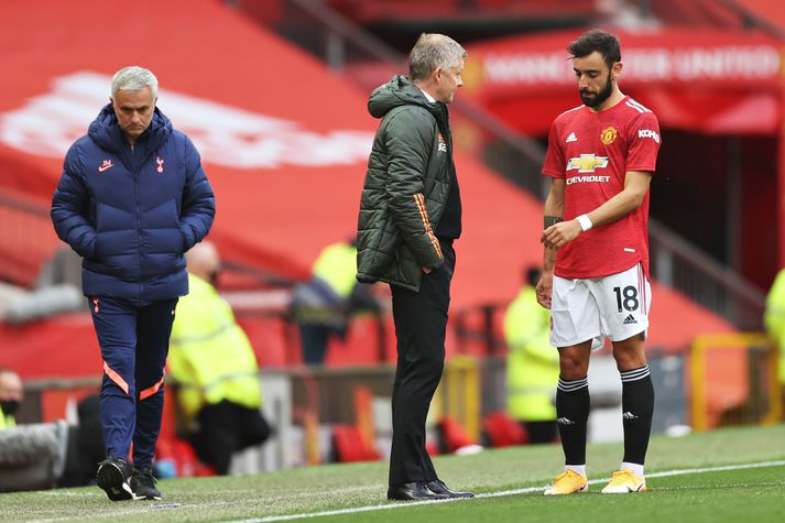 Bruno Fernandes þvertekur fyrir að hafa átt í orðaskaki fyrir Ole Gunnar Solskjær í hálfleik í leik Manchester United og Tottenham.