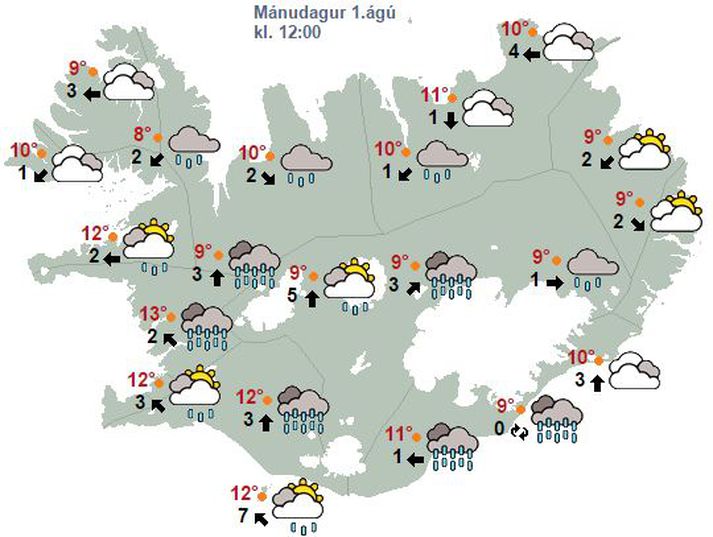 Spákort Veðurstofu Íslands fyrir hádegi á mánudag en búast má við dembu víða um land að sögn veðurfræðings.