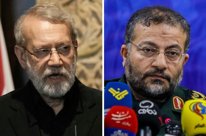 Ali Larijani, forseti þjóðaröryggisráðs Íran, og  Gholamreza Soleimani, yfirmaður Basij-sveitanna svokölluðu. Ísraelar segjast hafa fellt þá báða í loftárásum í gærkvöldi.