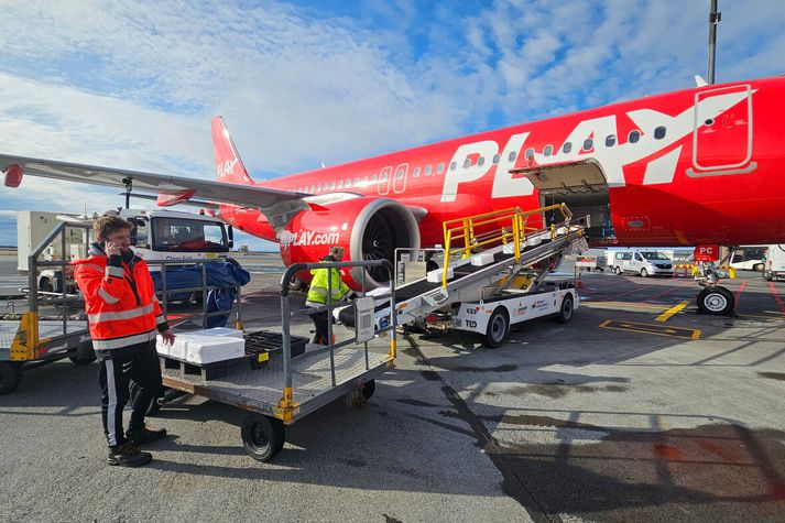 Flugvél Play á Keflavíkurflugvelli á meðan flugfélagsins naut við. Það var tekið til gjaldþrotaskipta í haust.
