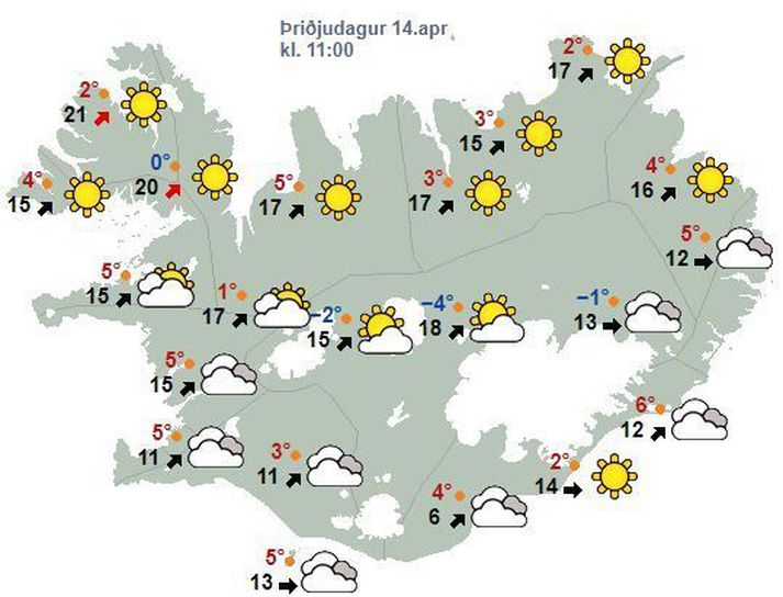Spákortið fyrir hádegið eins og það leit út í morgun.