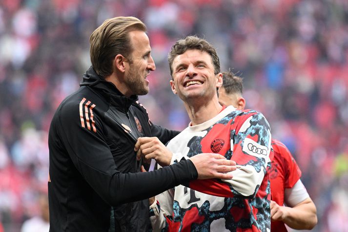 Harry Kane og Thomas Muller höfðu litlar áhyggjur eftir leik liðsins gegn RB Leipzig í gær. Titillinn var svo gott sem tryggður hvort eð er. 