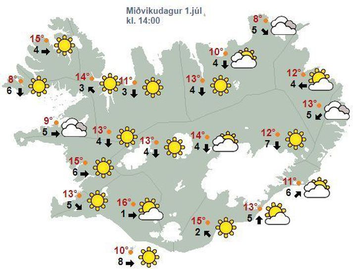 Spákortið fyrir klukkan 14 eins og það leit út í morgunsárið.