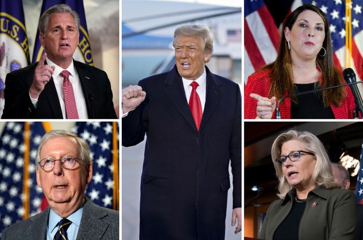 Donald Trump og leiðtogar Repúblikanaflokksins. Uppi til vinstri er Kevin McCarthy og fyrir neðan hann er Mitch McConnell. Þeir eru leiðtogar Repúblikana í fulltrúda- og öldungadeildunum. Uppi hægra megin er svo Ronna McDaniel, formaður Landsnefndar Repúblikanaflokksins, og þar fyrir neðan er Liz Cheney, þriðji æðsti þingmaður flokksins.