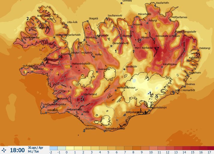 Hitakortið núna klukkan 18 er alveg ágætt.