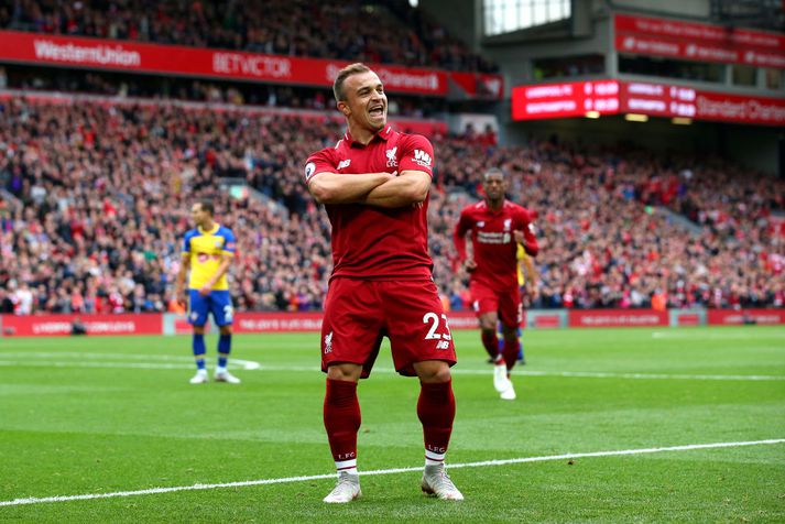 Shaqiri var allt í öllu í fyrri hálfleik á Anfield á laugardaginn