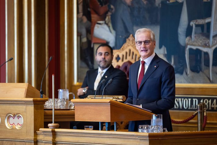 Jonas Gahr Støre, forsætisráðherra Noregs, í ræðustól Stórþingsins í fyrradag.