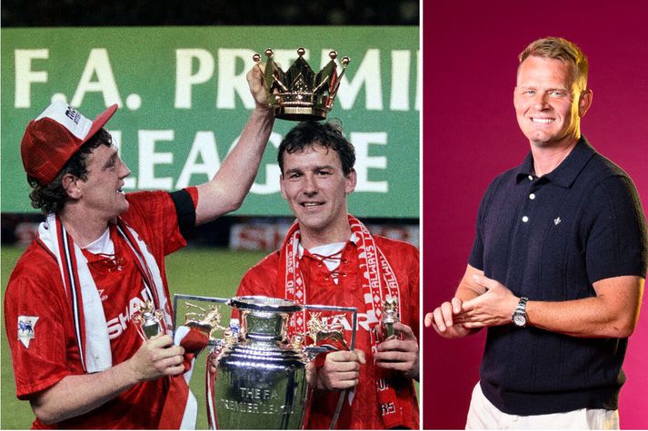 13 ára Hjörvar Hafliðason tók andköf á meðan hann hlustaði á útvarpslýsingu á dramatísku sigurmarki sem tryggði Manchester United titilinn vorið 1993.