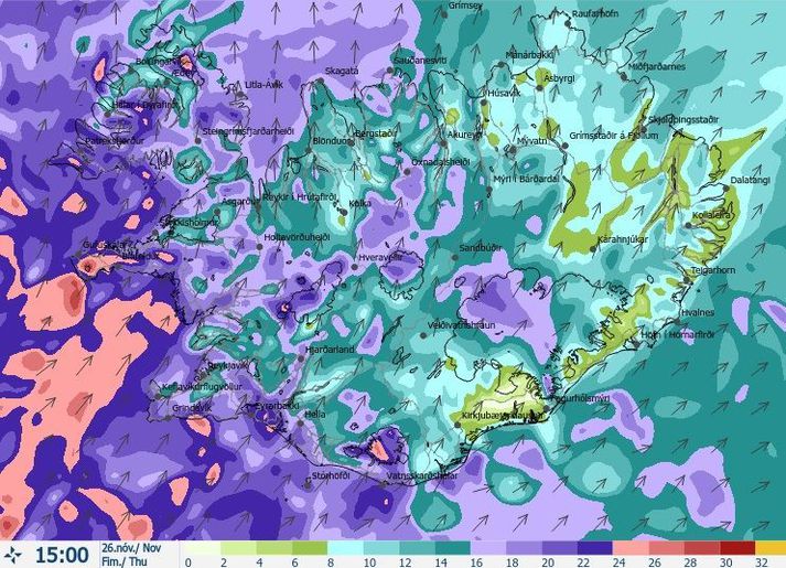 Vindaspákort Veðurstofunnar fyrir klukkan 15 í dag.