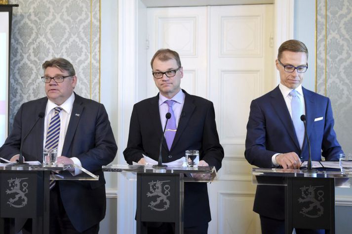 Timo Soini, Juha Sipilä og Alexander Stubb í morgun.