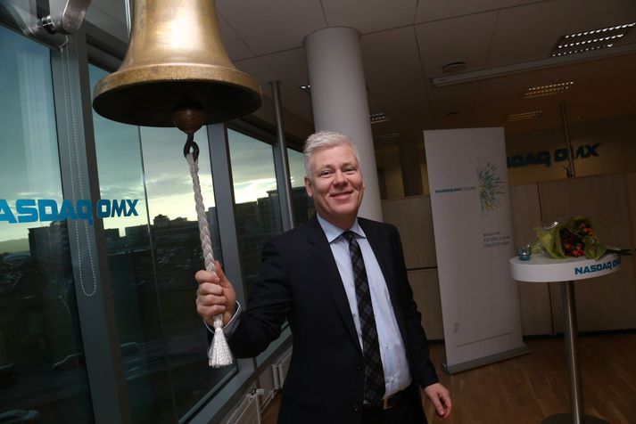 Steinþór Pálsson bankastjóri Landsbankans hringdi Kauphallarbjöllunni í morgun.