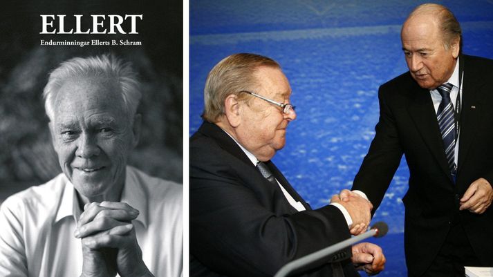 Sepp Blatter heilsar Lennart Johansson á FIFA þingi en til vinstri er bókarkápan á nýrri endurminningarbók Ellert B. Schram.