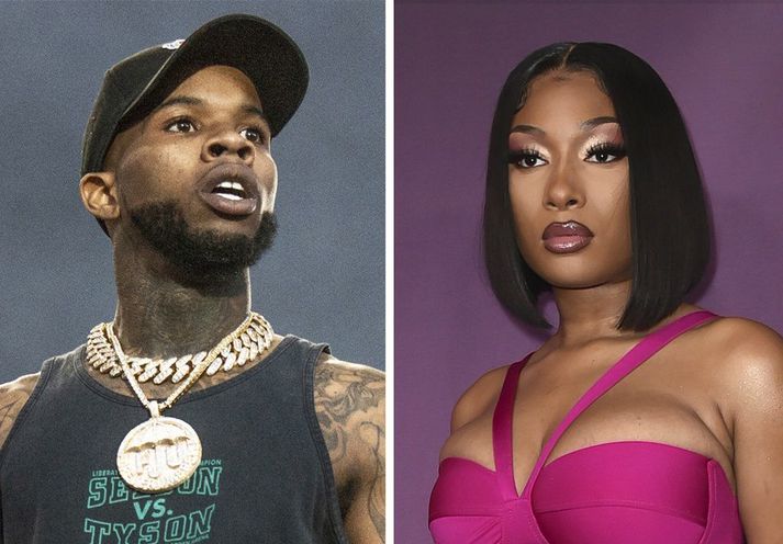 Hin 28 ára Megan Thee Stallion (til hægri) lýsti því fyrir dómi í desember á síðasta ári hvernig Tory Lanez (til vinstri) hafi skotið hana í fæturna að loknu sundlaugarpartýi Kylie Jenner í Hollywood Hills þann 12. júlí 2020.